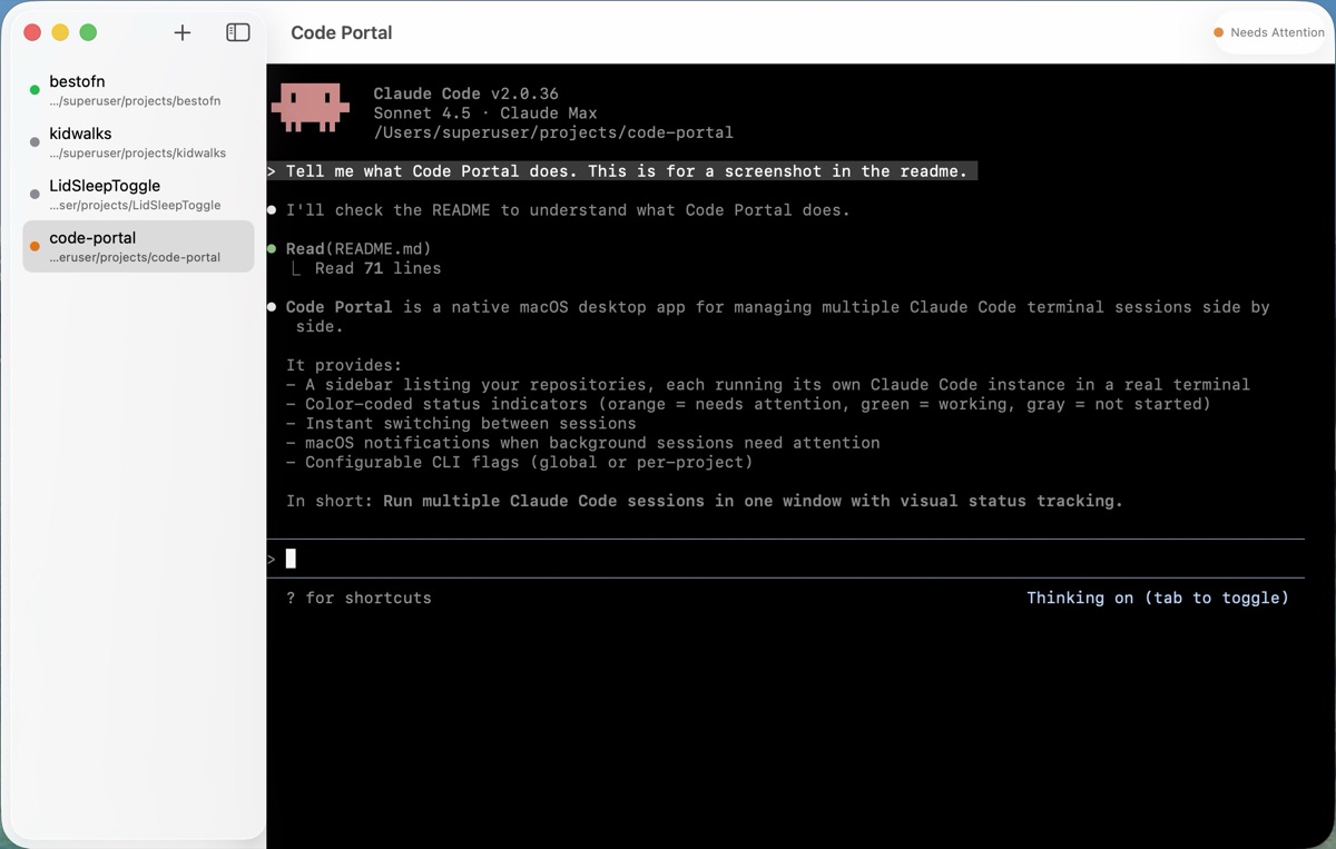 Code Portal running multiple Claude Code sessions